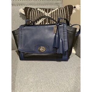 Coach Blue Black Leather Legacy Carryall Flap Shoulder Strap Messenger EUC